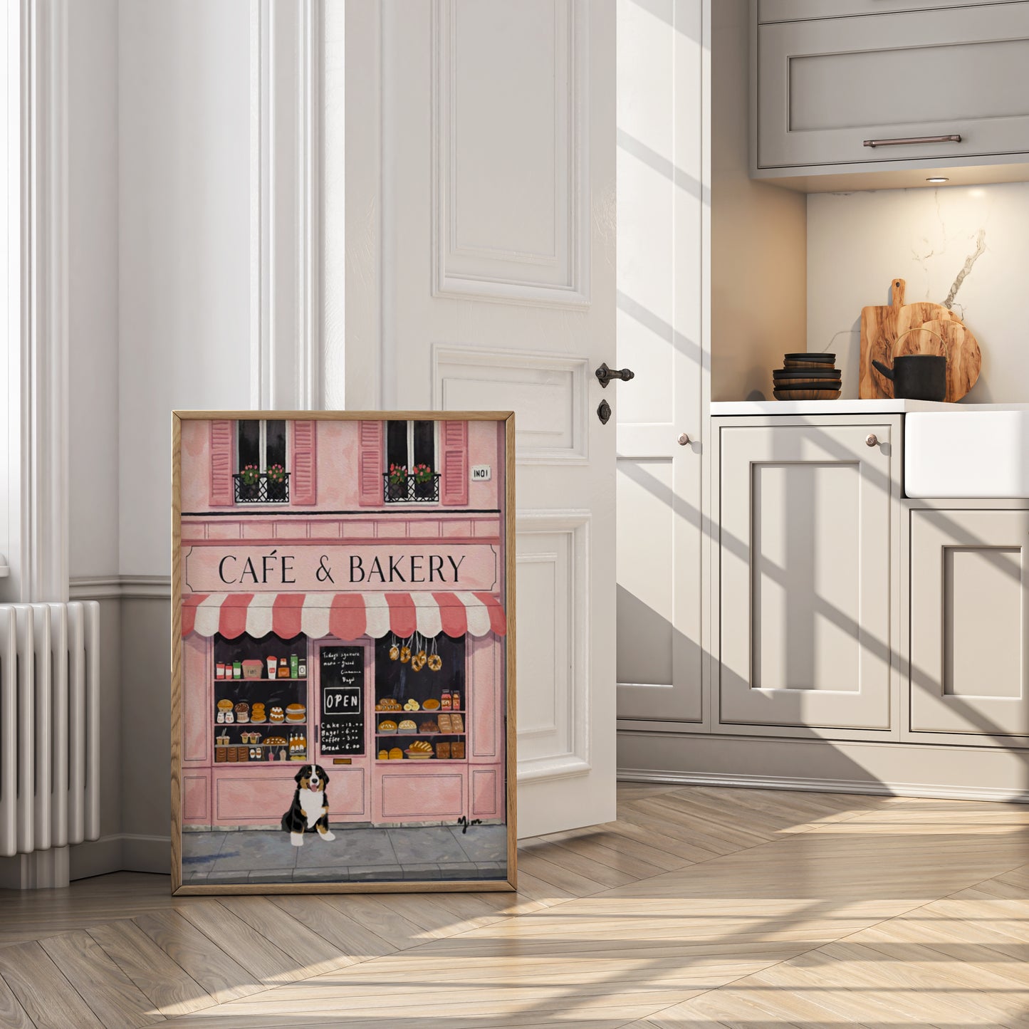 Cute Dog in Front of Pink Café and Bakery Wall Art French Bakery Illustration Poster Paris Street Scene Dog Lover Home Decor Poster