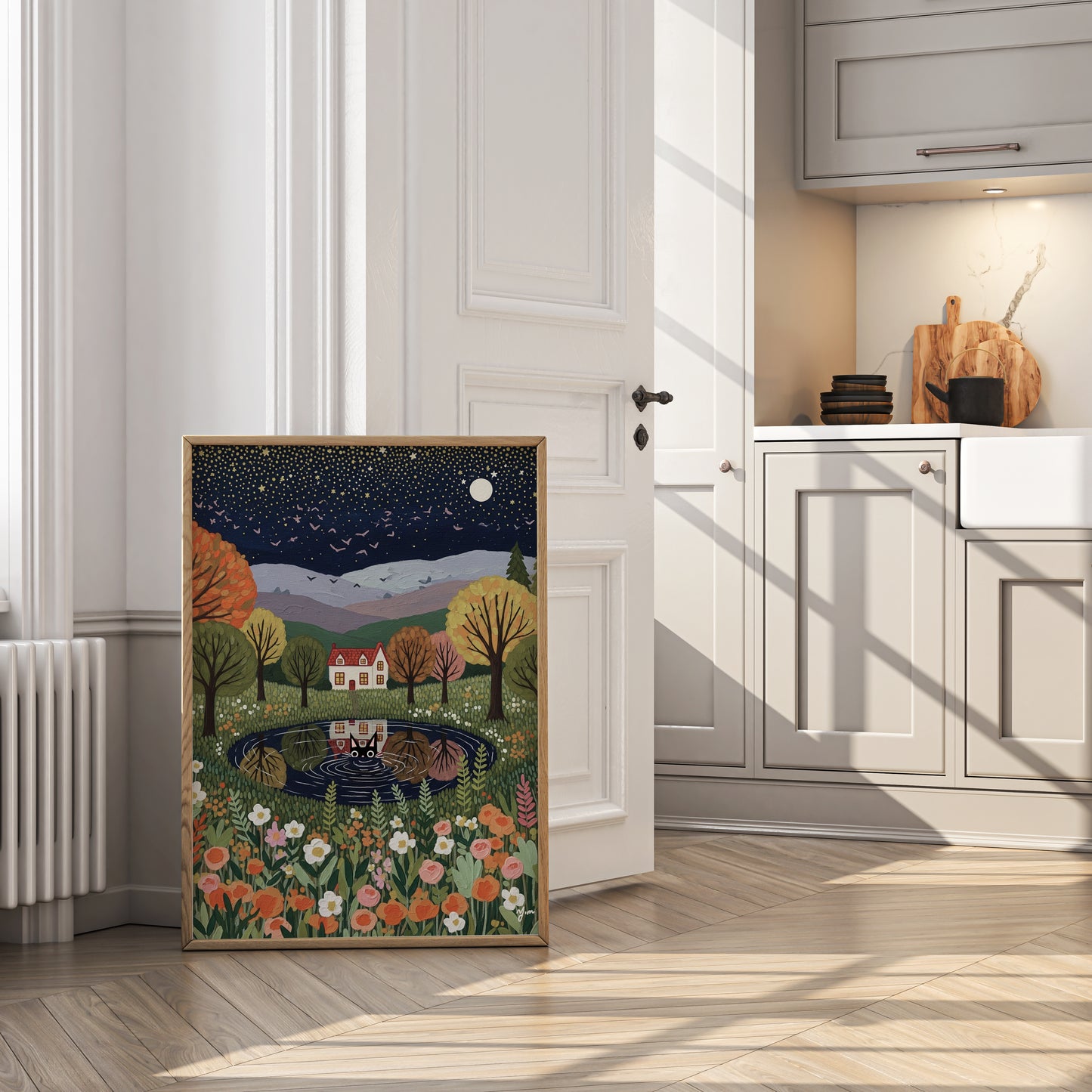 Whimsical Autumn Cat Art Print – Starry Night Cottage Landscape with Black Cat Reflection Poster