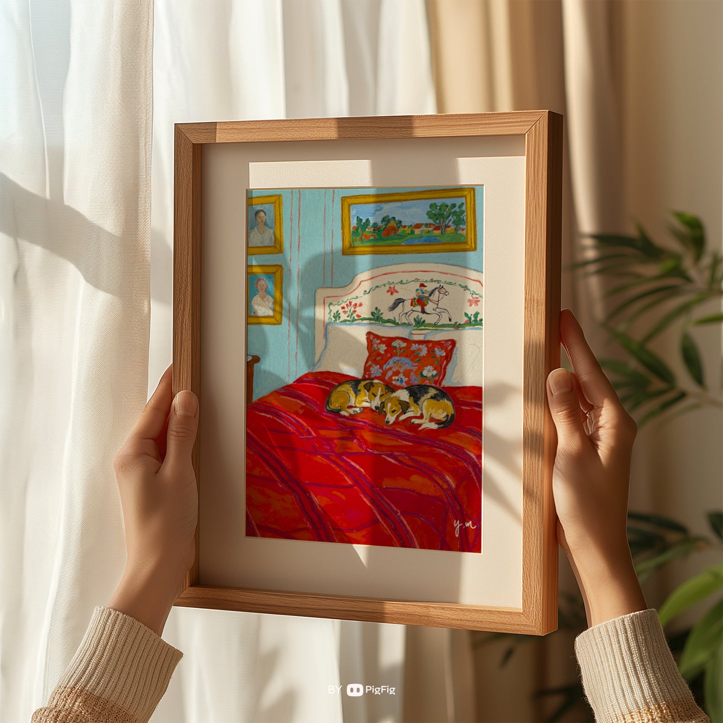 Cozy Corgis Sleeping on Red Bed Art Print Whimsical Dog Bedroom Illustration with Vintage Decor and Blue Walls by YunaMoona