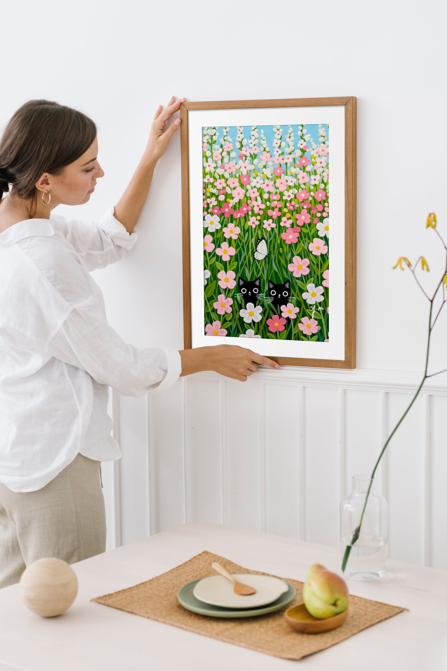 Whimsical Black Cats Hiding in Pink Flower Field with Butterfly Cute Pastel Cat Art Print for Nursery or Home Decor by YunaMoona