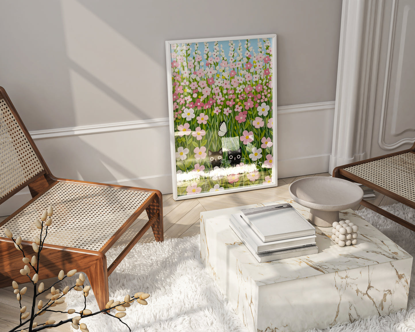 Whimsical Black Cats Hiding in Pink Flower Field with Butterfly Cute Pastel Cat Art Print for Nursery or Home Decor by YunaMoona