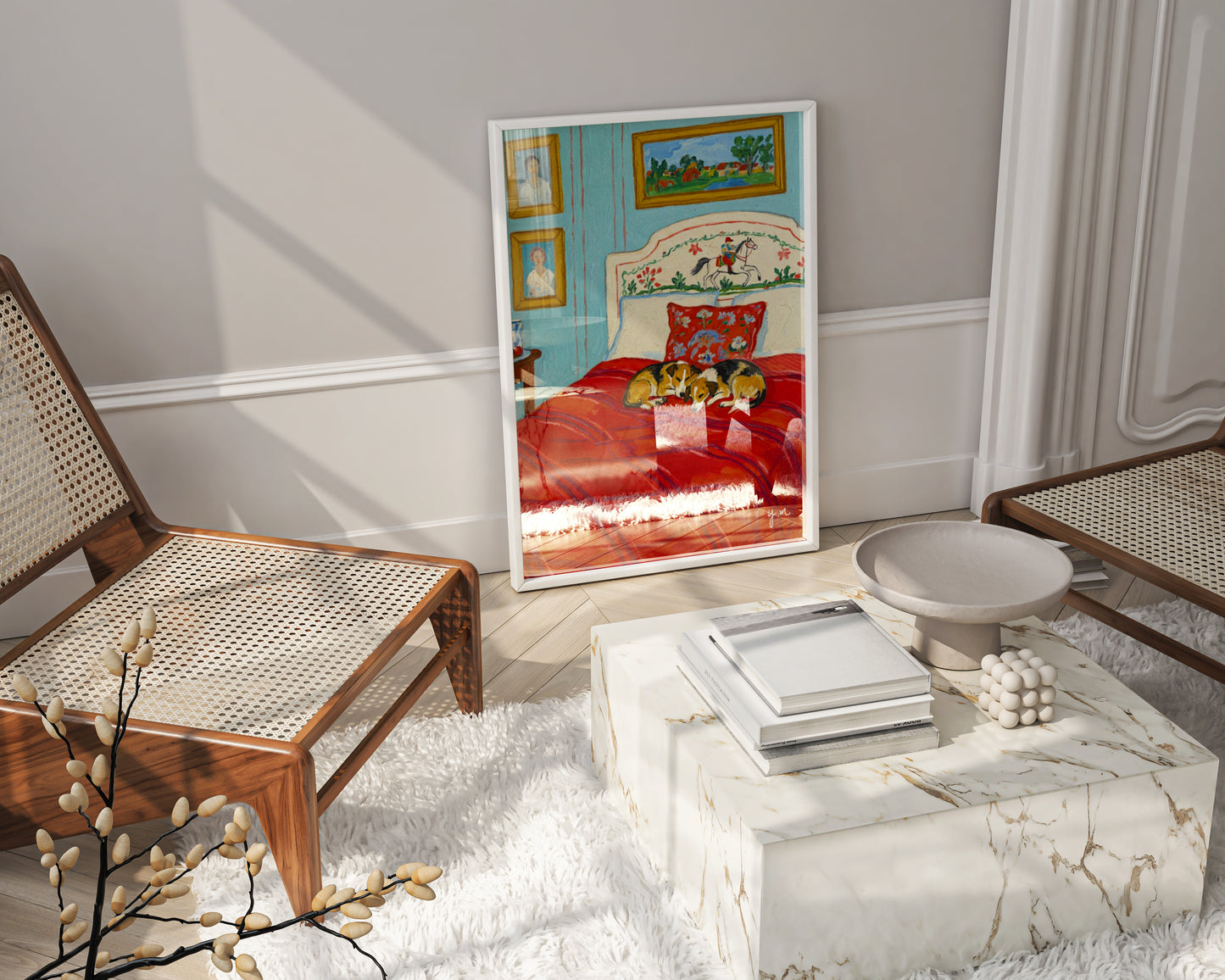 Cozy Corgis Sleeping on Red Bed Art Print Whimsical Dog Bedroom Illustration with Vintage Decor and Blue Walls by YunaMoona