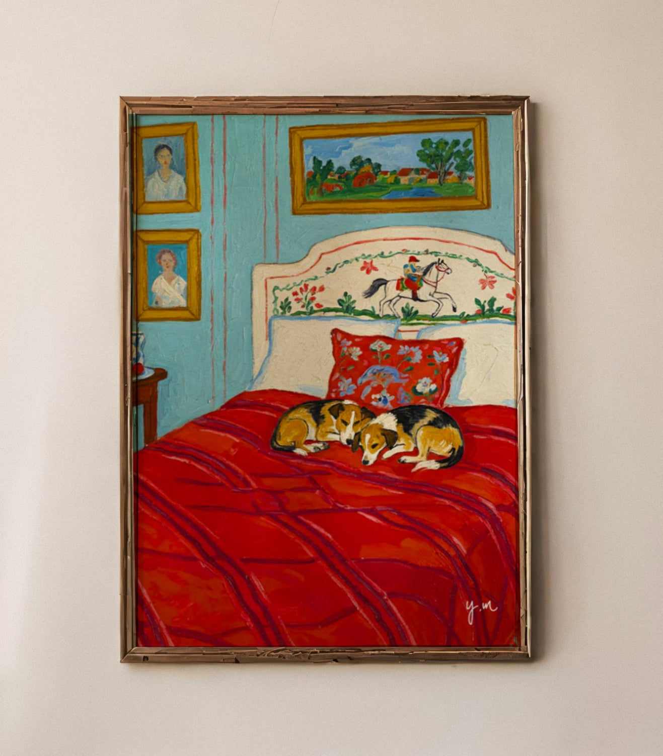 Cozy Corgis Sleeping on Red Bed Art Print Whimsical Dog Bedroom Illustration with Vintage Decor and Blue Walls by YunaMoona