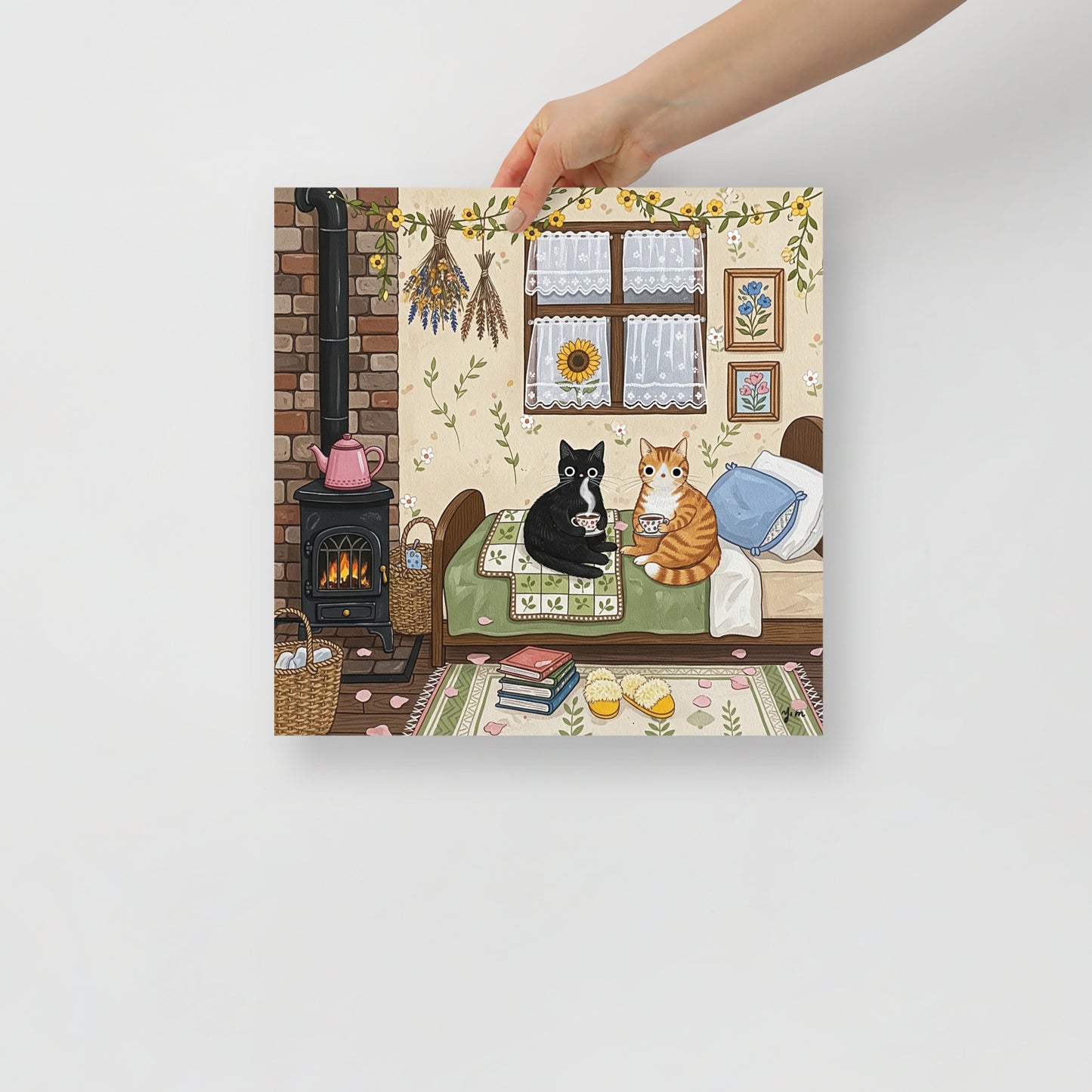 Two cats are peacefully lying on a soft, layered bed inside a rustic wooden cabin located in a quiet countryside village. The warm tones of the wooden interior blend perfectly with the cozy autumn atmosphere, as golden sunlight filters through the windows. A steaming cup of tea rests nearby, adding to the feeling of warmth and comfort. The entire scene captures the essence of a slow, peaceful fall afternoon—perfect for resting, relaxing, and enjoying quiet moments surrounded by nature and furry companions.