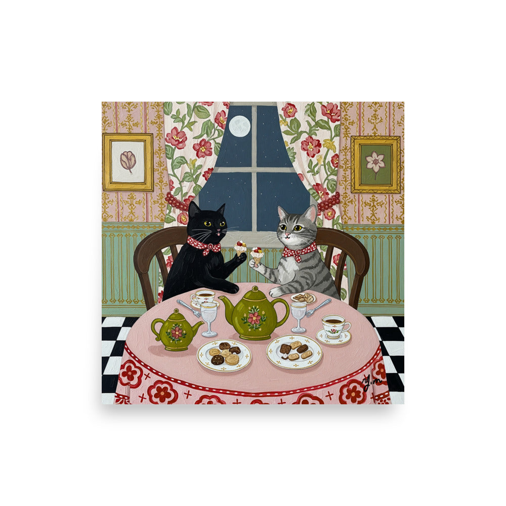 Two cats wearing red bows sit at a floral-covered table enjoying tea and desserts under a full moon in a vintage-style room with flowered curtains and teacups.