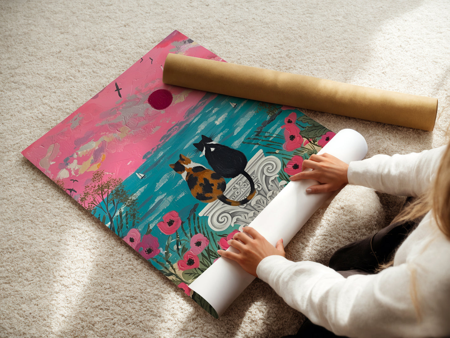 Two cats sitting on a classical pillar overlooking the ocean at sunset surrounded by pink flowers in a whimsical floral coastal setting.