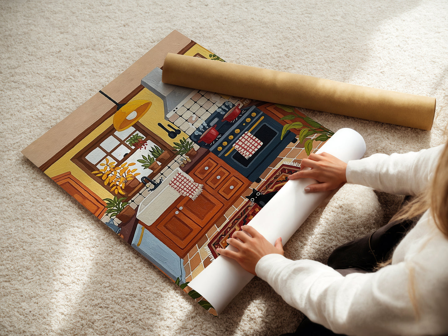 Rustic Kitchen Illustration with Black Cat, Plants, and Farmhouse Decor Poster Print