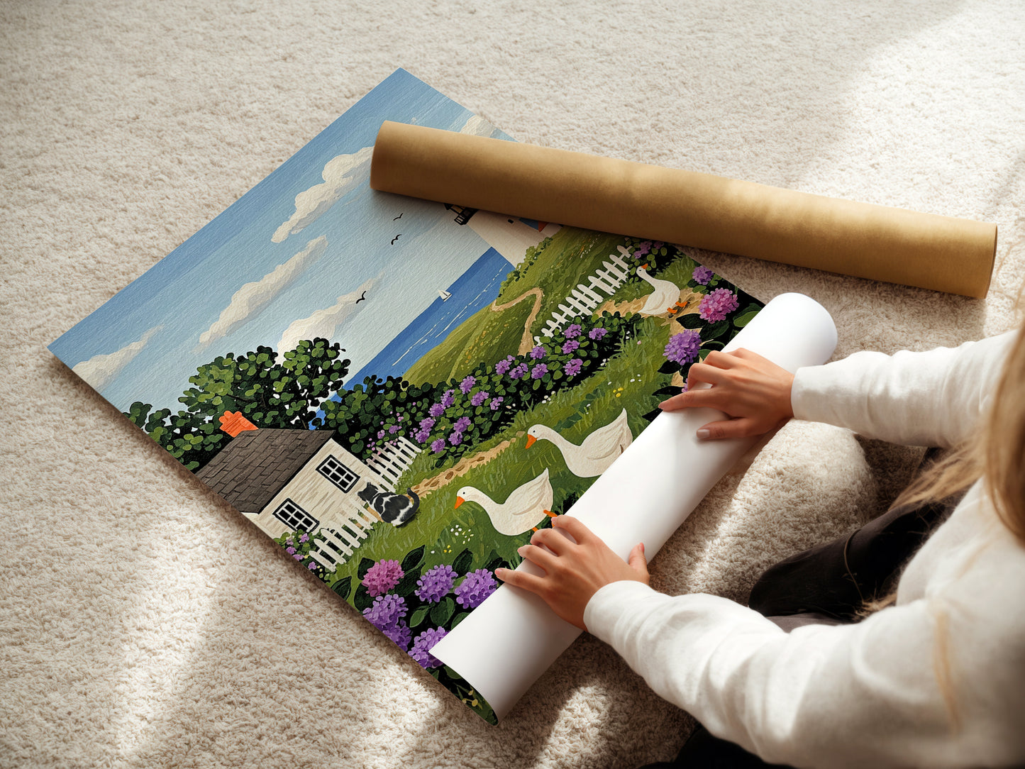 Countryside Ocean Landscape Painting Countryside Ocean Lighthouse Handdrawn Coastal Wildflower Field Cat Art Ducks Beach Illustration Animal Cat