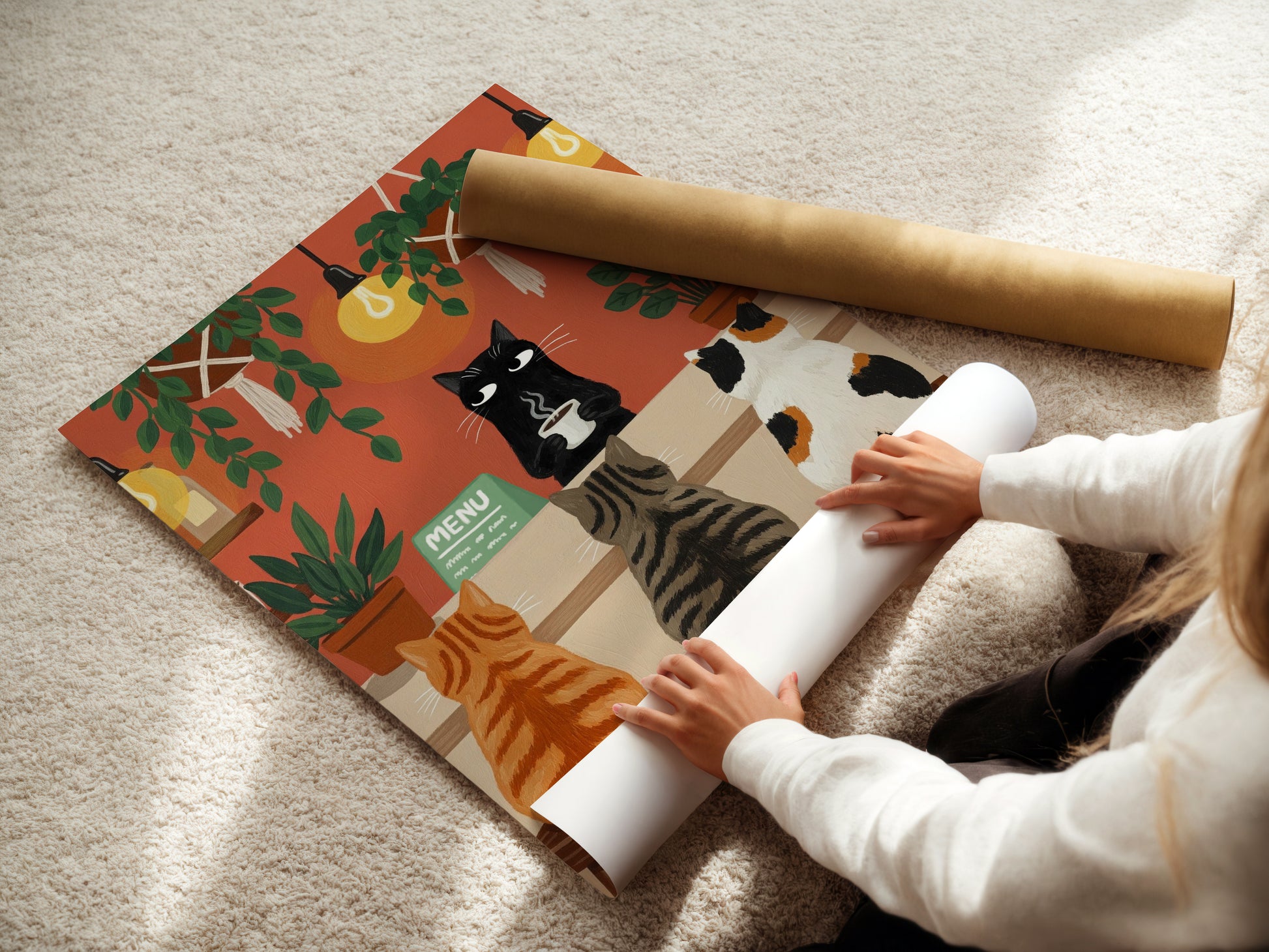 A whimsical illustration of a cozy cat café scene where three cats—a ginger tabby, a gray striped tabby, and a calico—sit on wooden stools at a coffee bar. A black cat barista stands behind the counter holding a steaming cup of coffee. The café is warmly lit with glowing hanging bulbs and decorated with lush green potted and hanging plants. The background features an earthy orange-red wall, creating a comforting and inviting atmosphere.