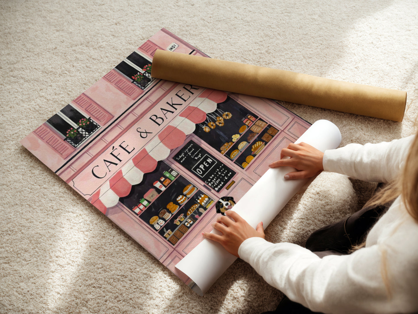 Cute Dog in Front of Pink Café and Bakery Wall Art French Bakery Illustration Poster Paris Street Scene Dog Lover Home Decor Poster