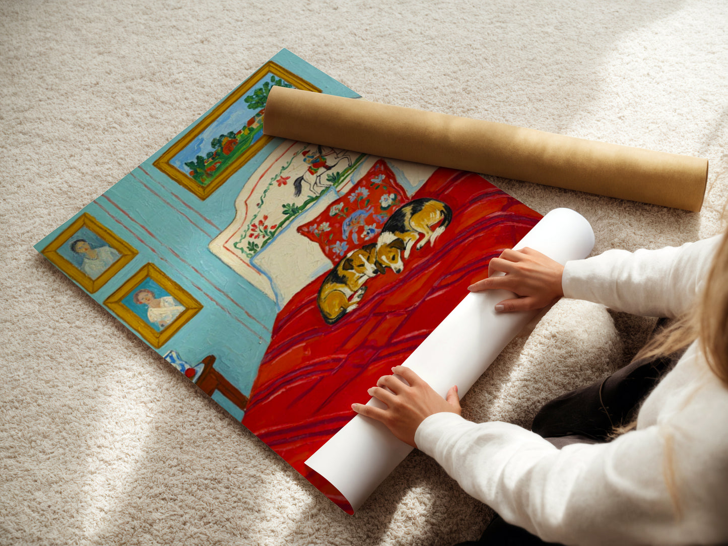 Cozy Corgis Sleeping on Red Bed Art Print Whimsical Dog Bedroom Illustration with Vintage Decor and Blue Walls by YunaMoona