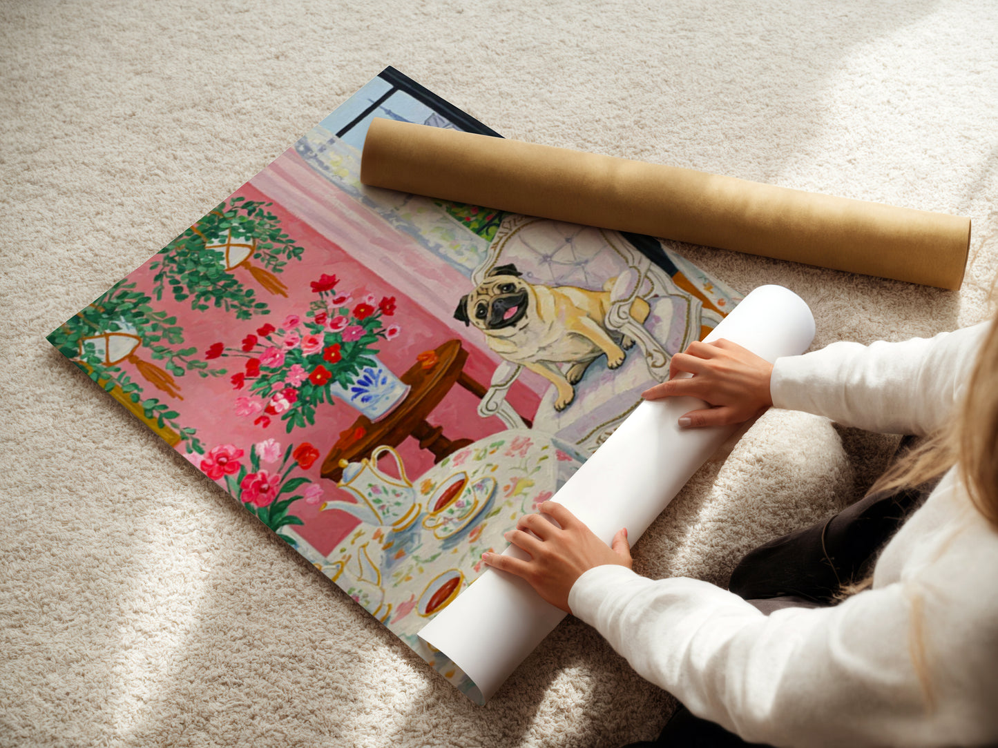 Pink Aesthetic Room Print Whimsical Pug Tea Time in Paris Maximalist Pink Room Art French Chic Pug Illustration