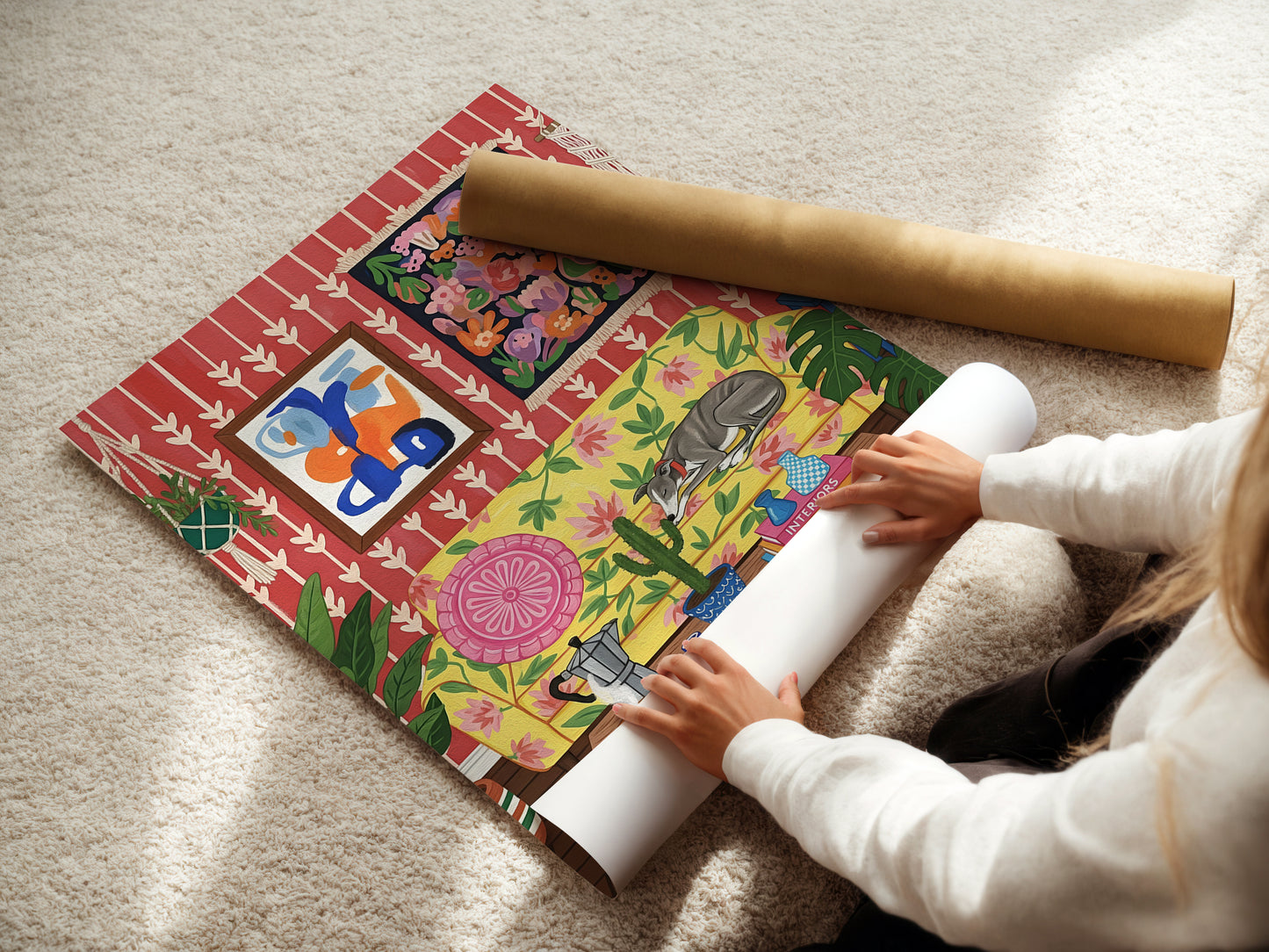 Whimsical Greyhound Living Room Art Print Dog Sleeping on Floral Sofa Boho Interior Illustration Poster