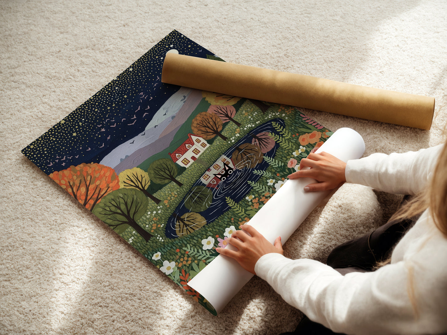 Whimsical Autumn Cat Art Print – Starry Night Cottage Landscape with Black Cat Reflection Poster