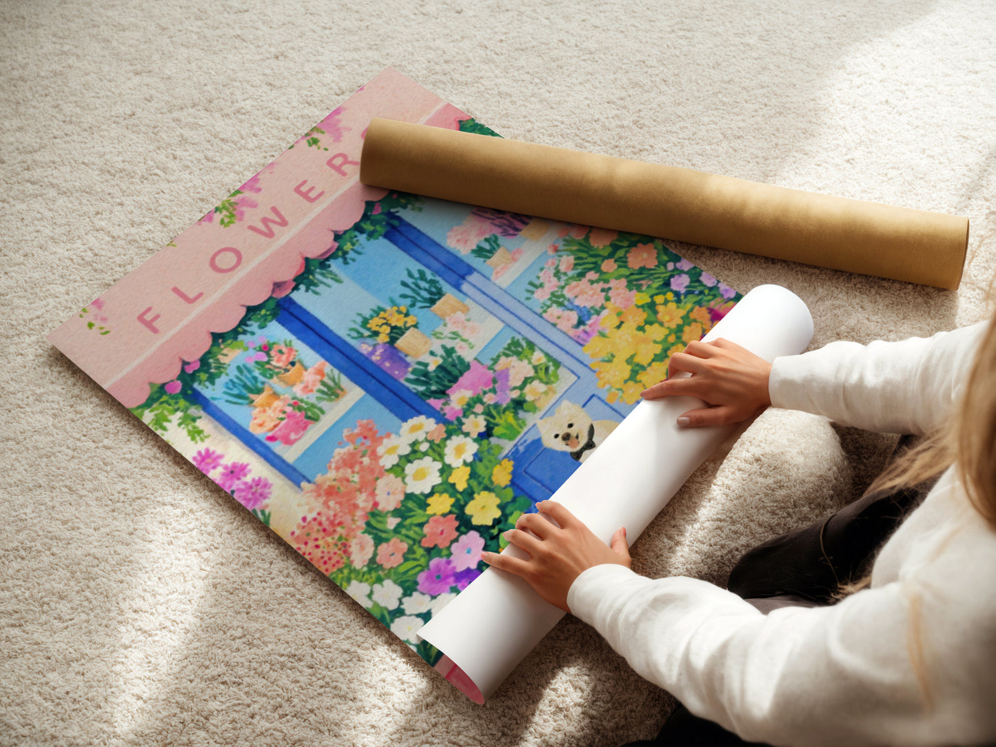 Cute Dog in Front of Colorful Flower Shop Wall Art Floral Boutique Print Spring Garden Dog Lover Poster French Market Illustration Poster